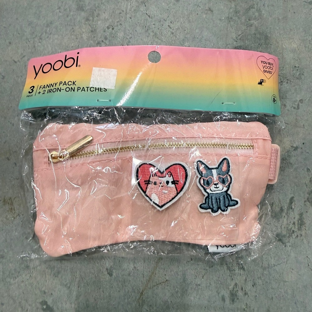 Yoobi Pink Fanny Pack Kids OS DIY Set with 2 Iron-On Patches Cat Dog Canvas